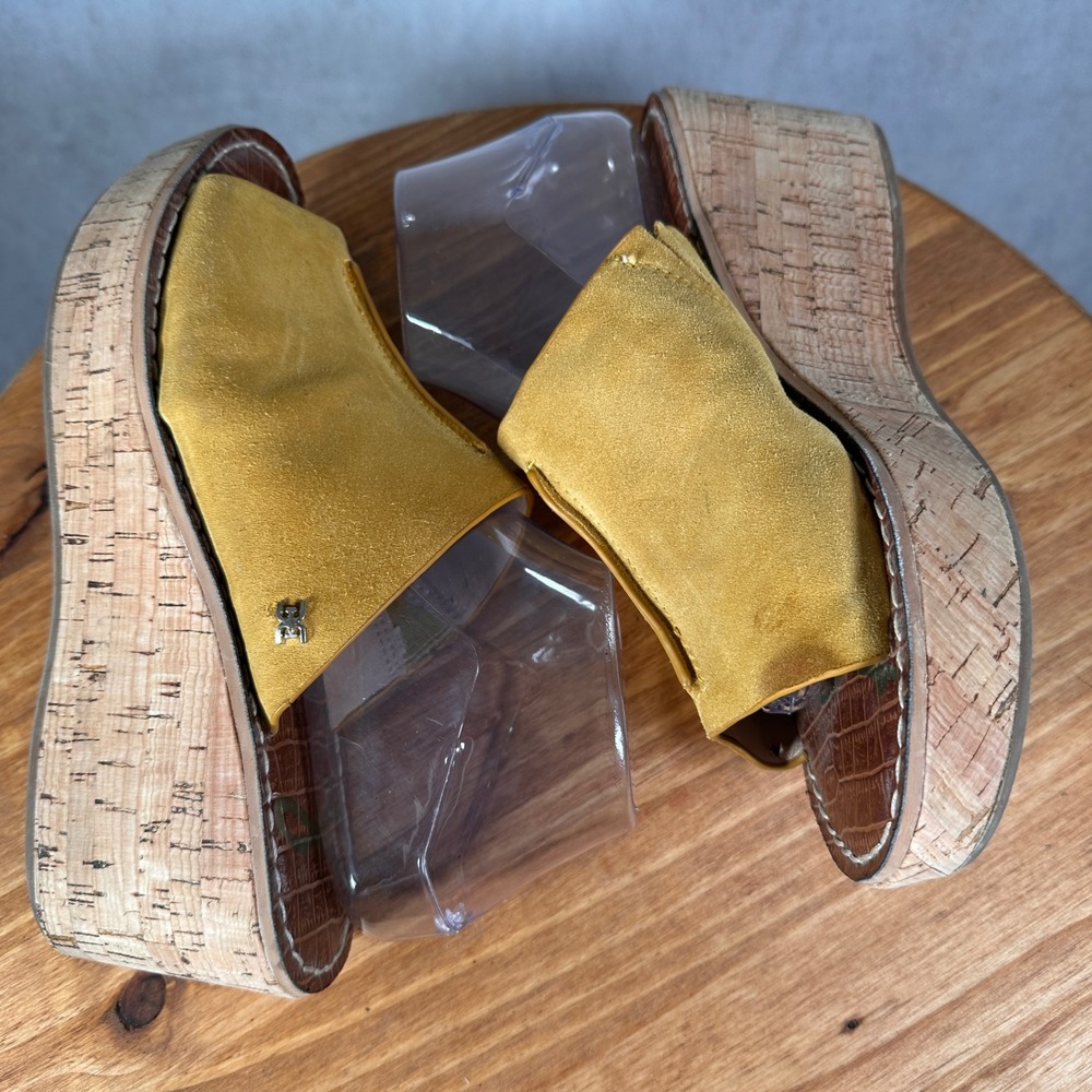 Sam Edelman Ranger Wedge Sandals Womens 9 Yellow Good Suede Cork Platform Mules - Picture 10 of 15